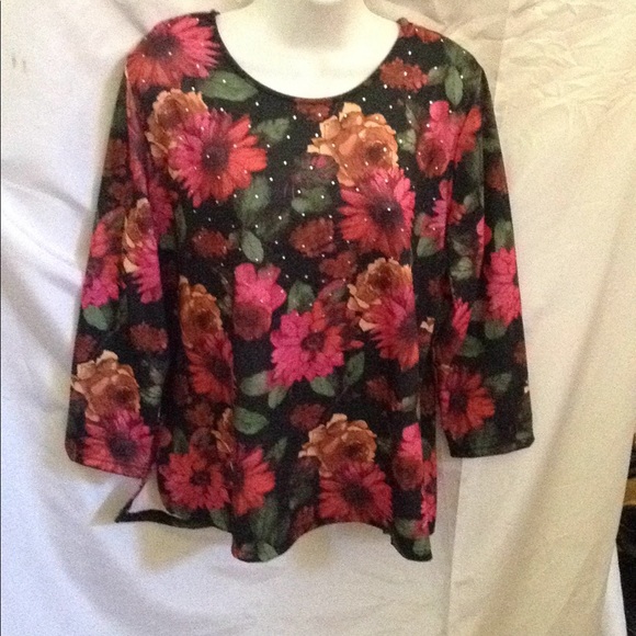 Nwt CATHY petiteFLORAL print 3/4 SLV TOP BLING - Picture 2 of 8
